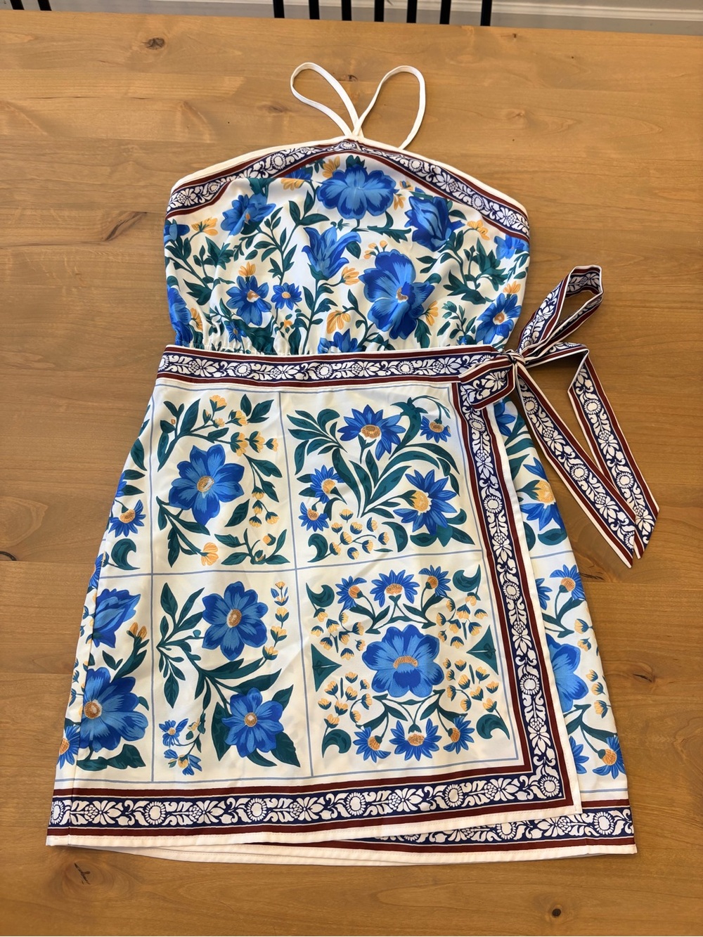 Cupshe Blue & White Floral Halter Mini Dress with Tie Waist